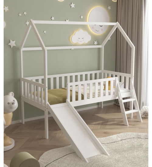 Κρεβάτι Μονό Με Τσουλήθρα & Σκάλα - Ξύλο Πεύκο Λευκό